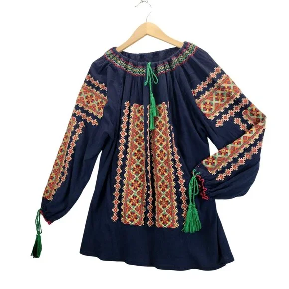 Ukrainian Traditional Blouse XXL Navy Colorful Geometric CrossStitch Embroidery - Picture 1 of 11